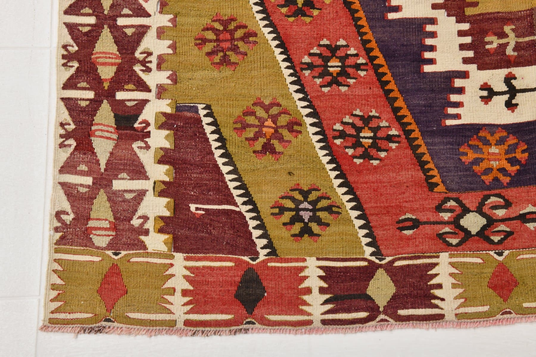 Kilim 155x330 cm, czerwony, złoty, wełna, lata 70. - 211287