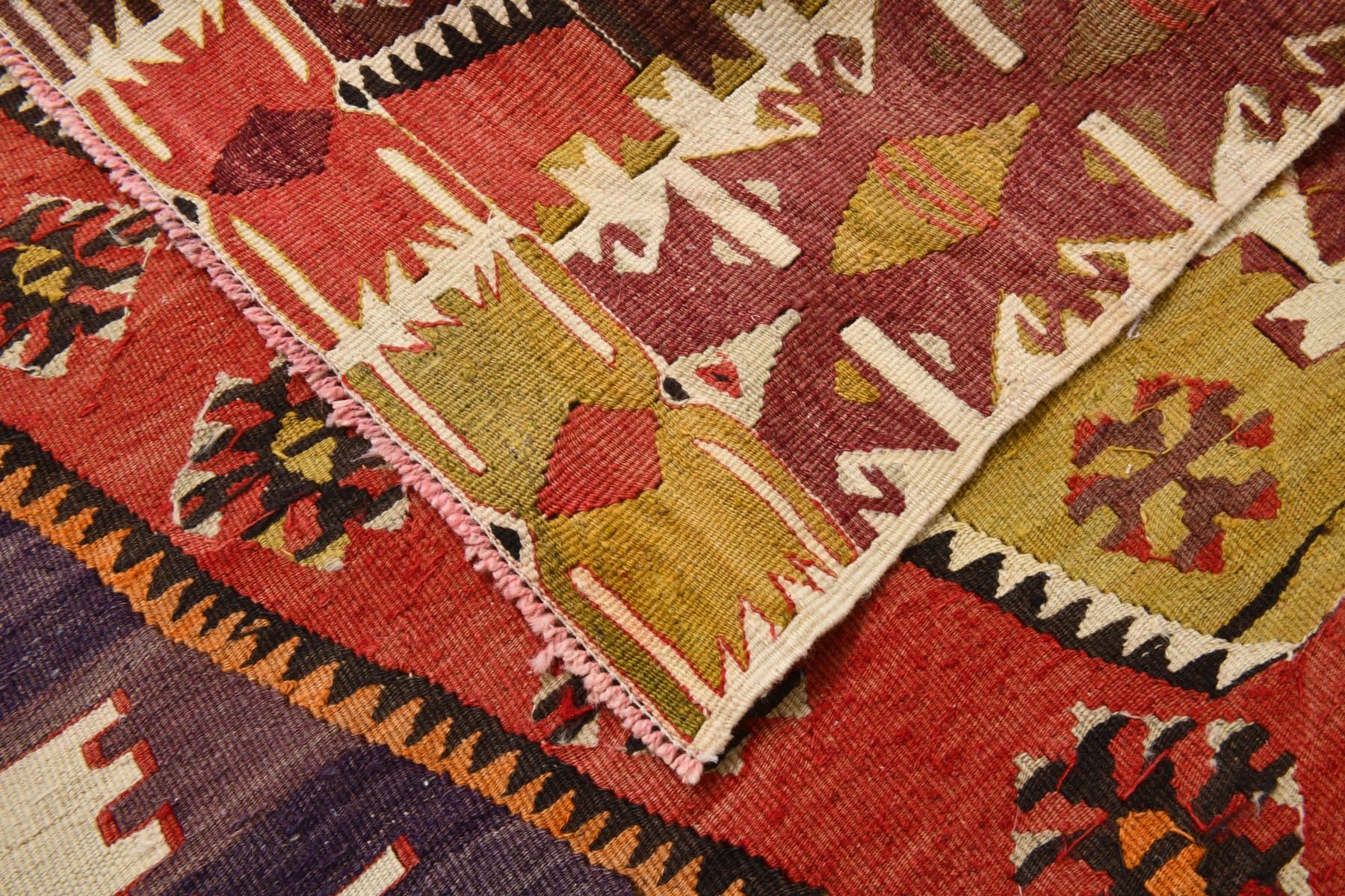 Kilim 155x330 cm, czerwony, złoty, wełna, lata 70. - 211286