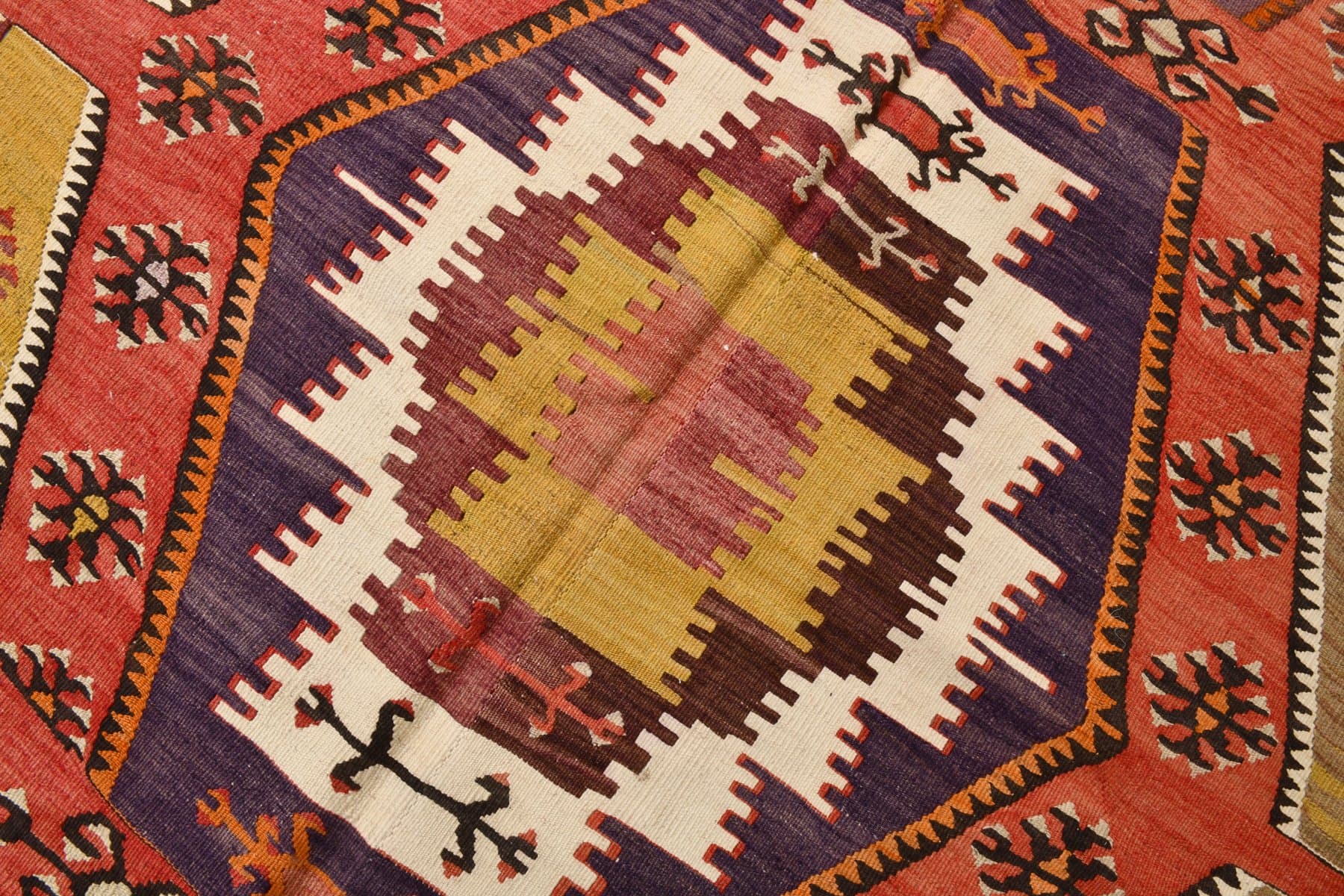 Kilim 155x330 cm, czerwony, złoty, wełna, lata 70. - 211283