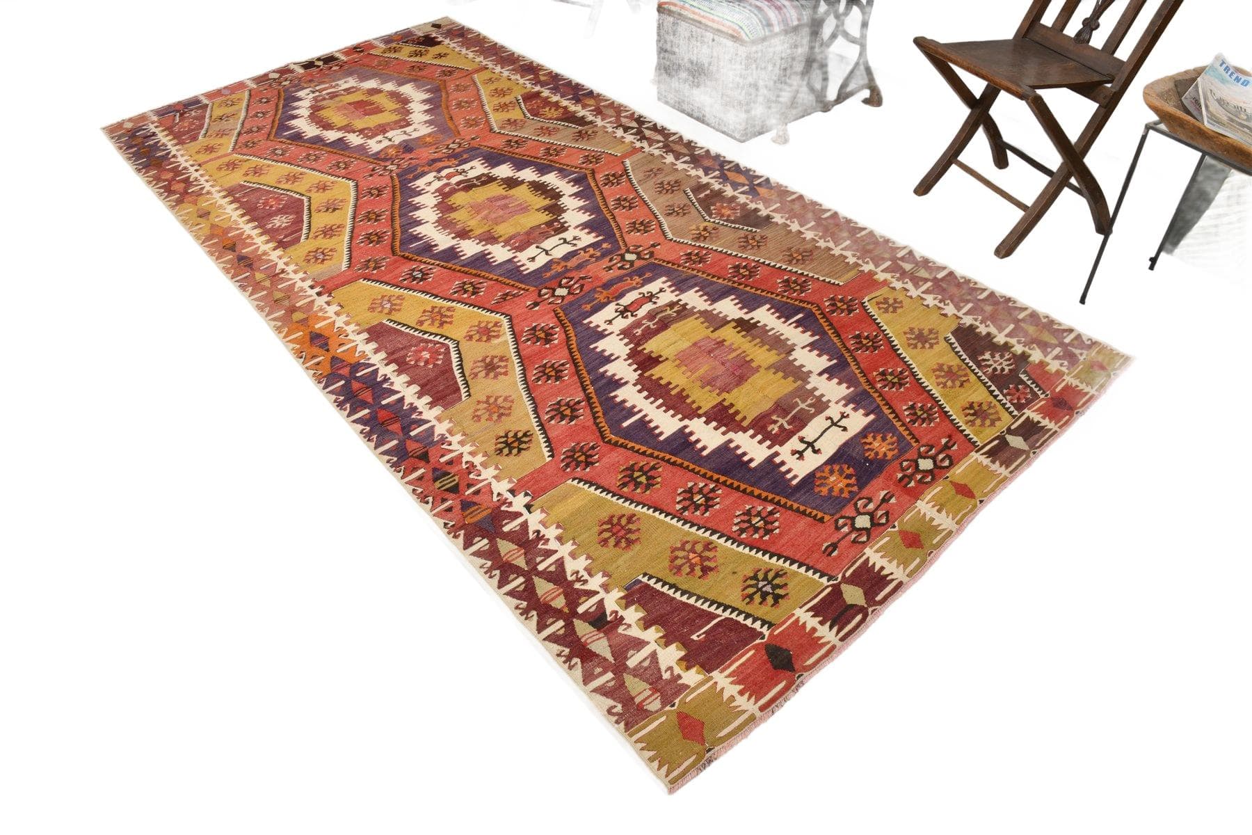 Kilim 155x330 cm, czerwony, złoty, wełna, lata 70. - 212127