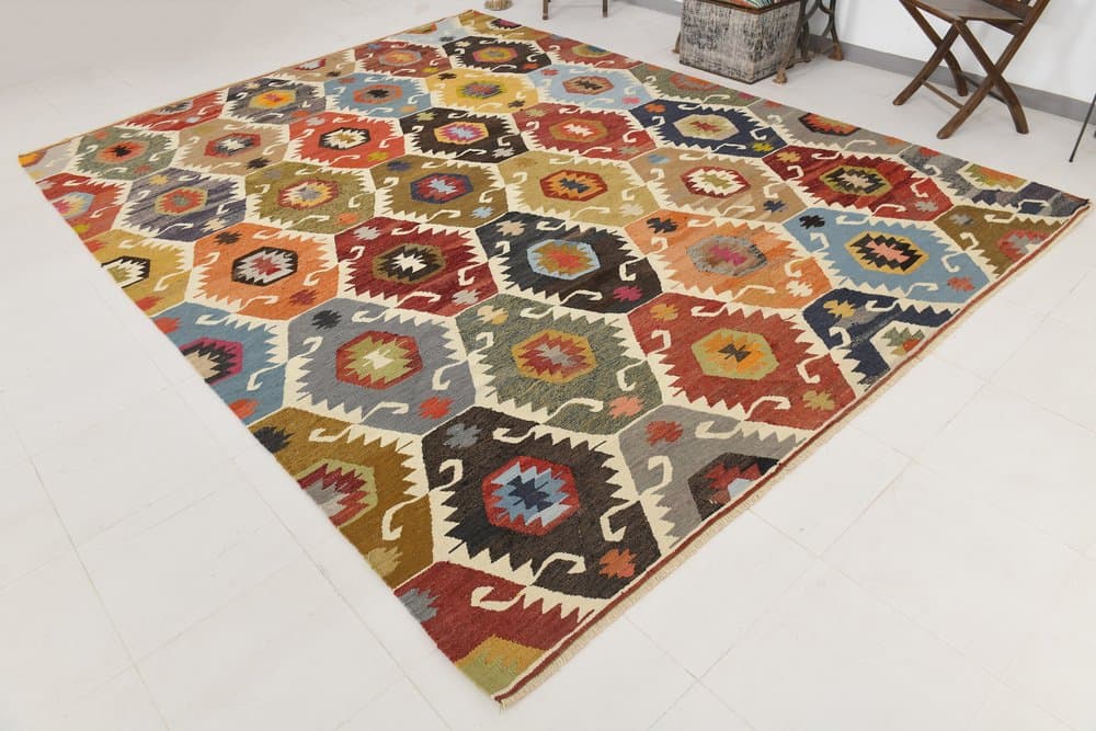 Kilim 367x274 cm, niebieski, beżowy, wełna, Turcja, lata 70. - 211329