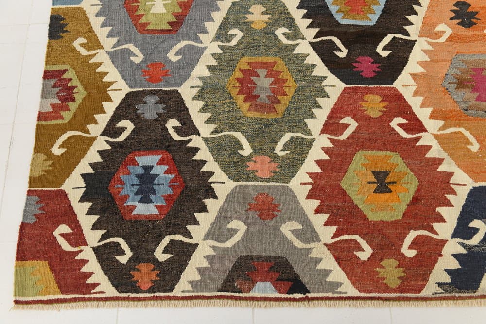 Kilim 367x274 cm, niebieski, beżowy, wełna, Turcja, lata 70. - 211333