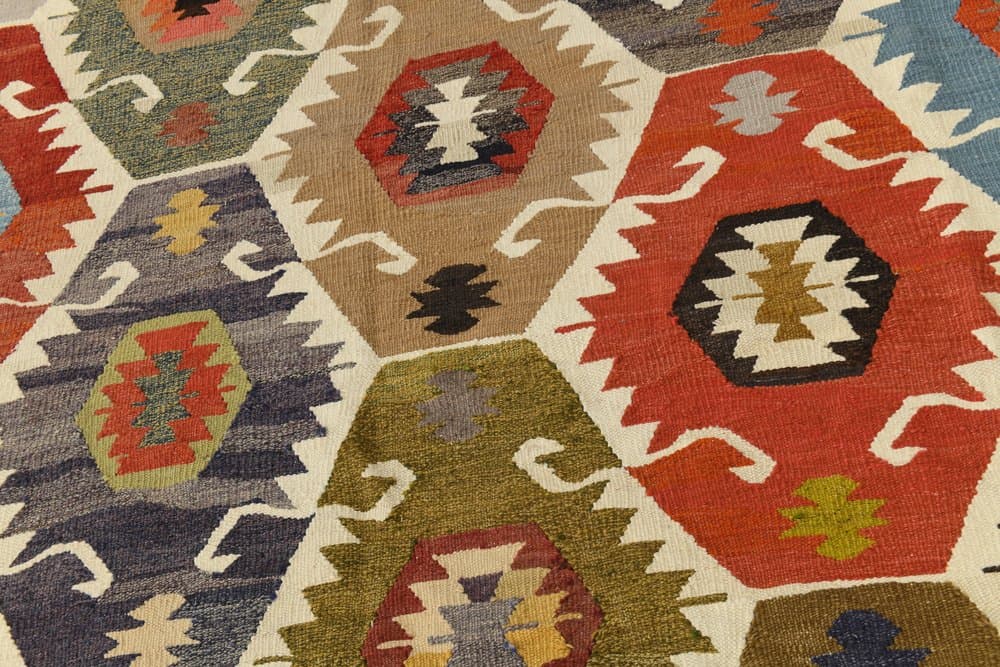 Kilim 367x274 cm, niebieski, beżowy, wełna, Turcja, lata 70. - 211336