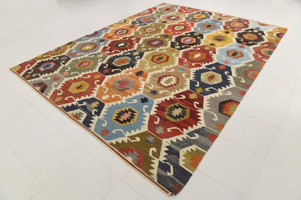 Kilim 367x274 cm, niebieski, beżowy, wełna, Turcja, lata 70. - 211328