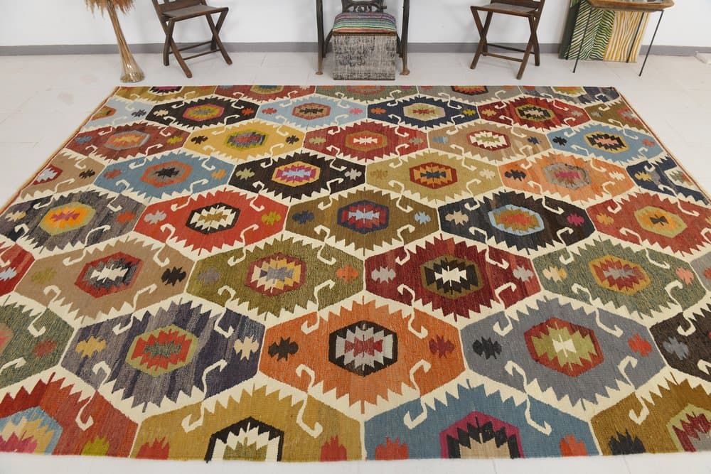 Kilim 367x274 cm, niebieski, beżowy, wełna, Turcja, lata 70. - 211330