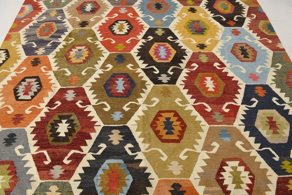 Kilim 367x274 cm, niebieski, beżowy, wełna, Turcja, lata 70. - 211331