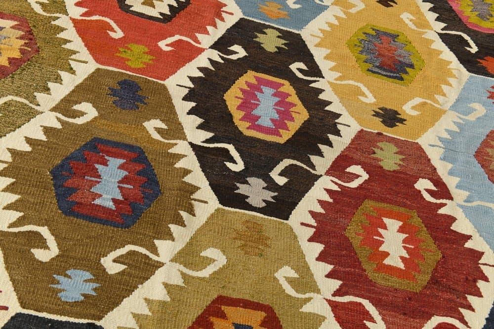 Kilim 367x274 cm, niebieski, beżowy, wełna, Turcja, lata 70. - 211335