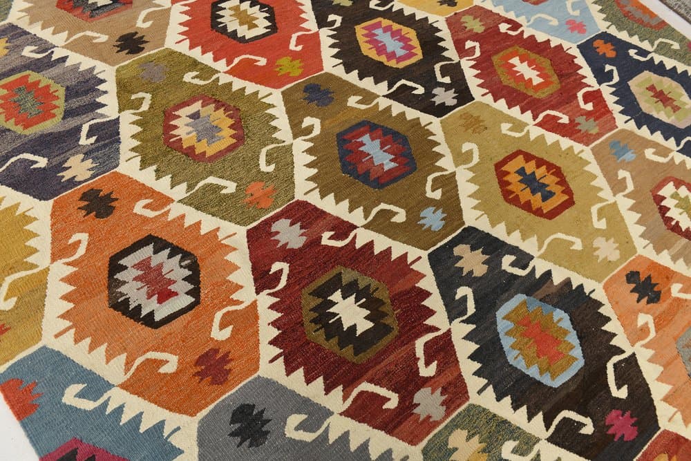 Kilim 367x274 cm, niebieski, beżowy, wełna, Turcja, lata 70. - 211332