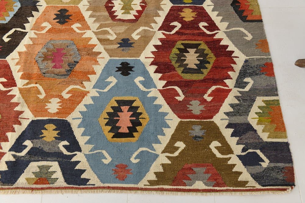 Kilim 367x274 cm, niebieski, beżowy, wełna, Turcja, lata 70. - 211334