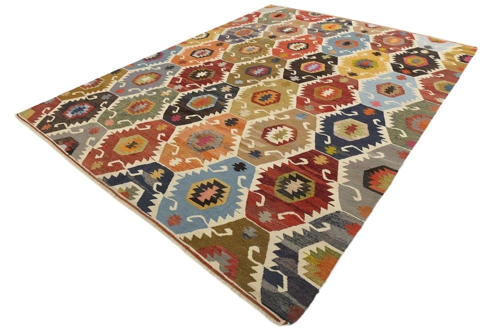 Kilim 367x274 cm, niebieski, beżowy, wełna, Turcja, lata 70.