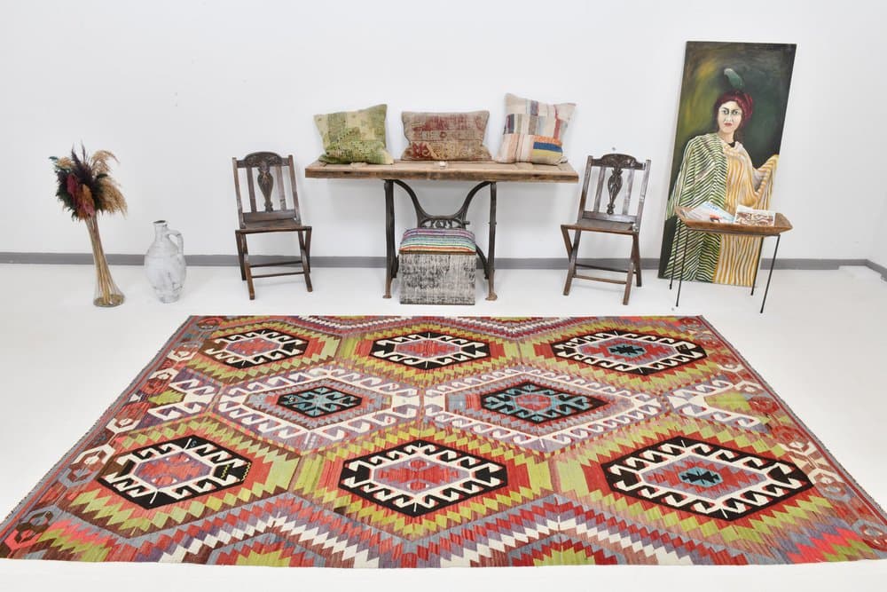 Kilim 186x305 cm, oliwkowy, czerwony, wełna, Turcja, lata 70. - 211356