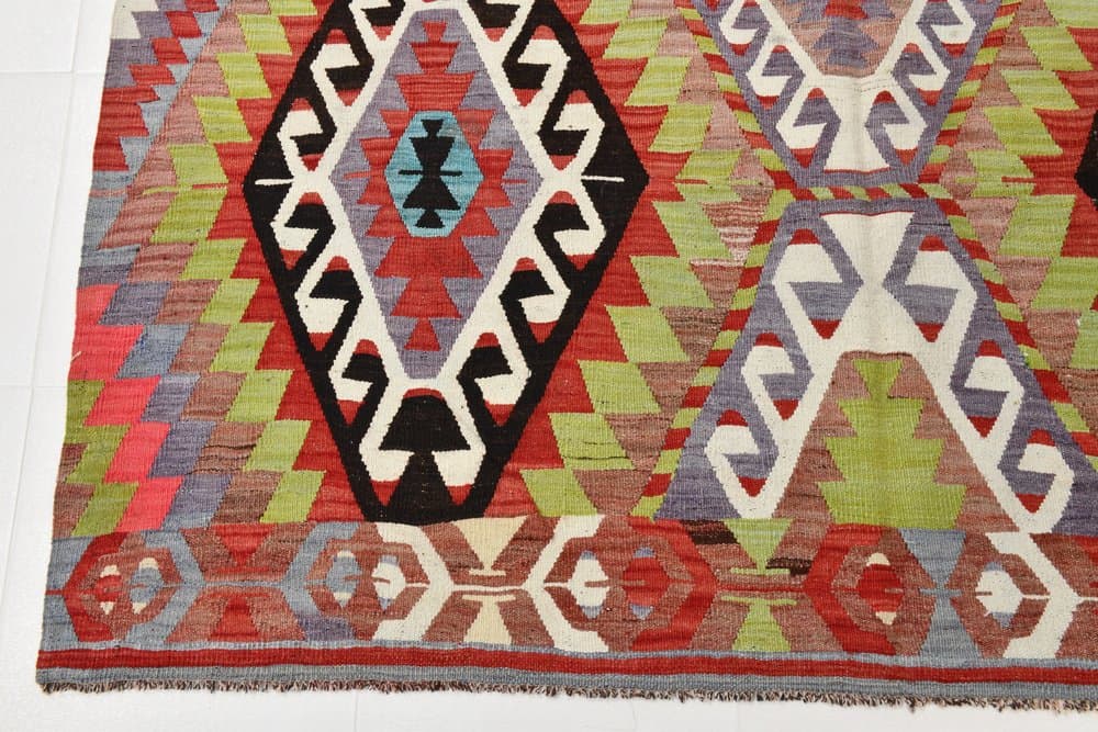 Kilim 186x305 cm, oliwkowy, czerwony, wełna, Turcja, lata 70. - 211359