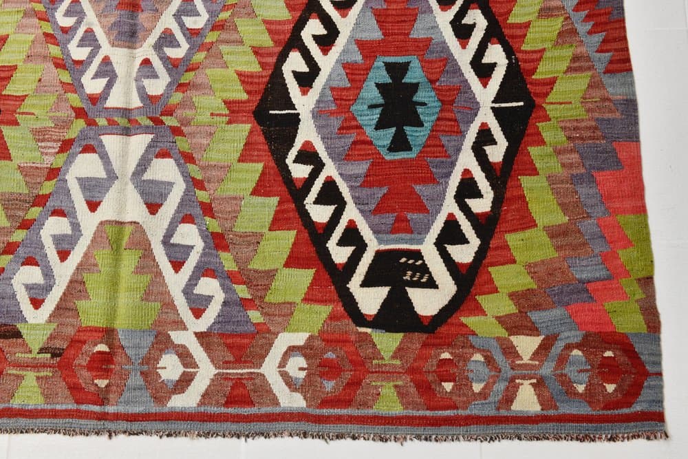 Kilim 186x305 cm, oliwkowy, czerwony, wełna, Turcja, lata 70. - 211361