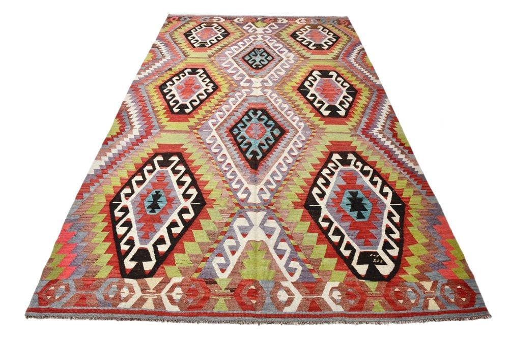 Kilim 186x305 cm, oliwkowy, czerwony, wełna, Turcja, lata 70.