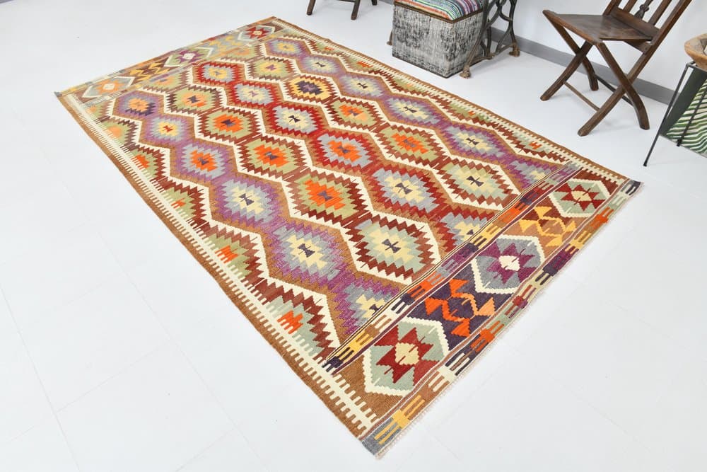 Kilim 172x293 cm, koralowy, oliwkowy, wełna, lata 70. - 211535