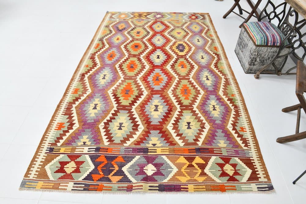 Kilim 172x293 cm, koralowy, oliwkowy, wełna, lata 70. - 211538