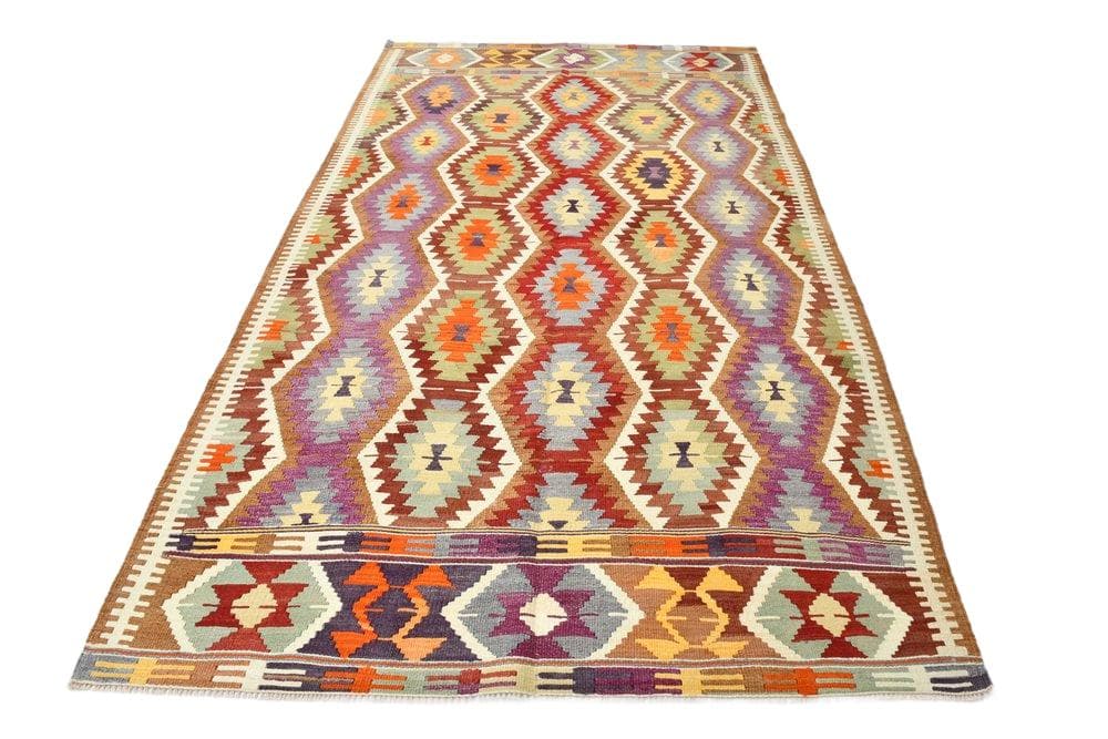 Kilim 172x293 cm, koralowy, oliwkowy, wełna, lata 70.