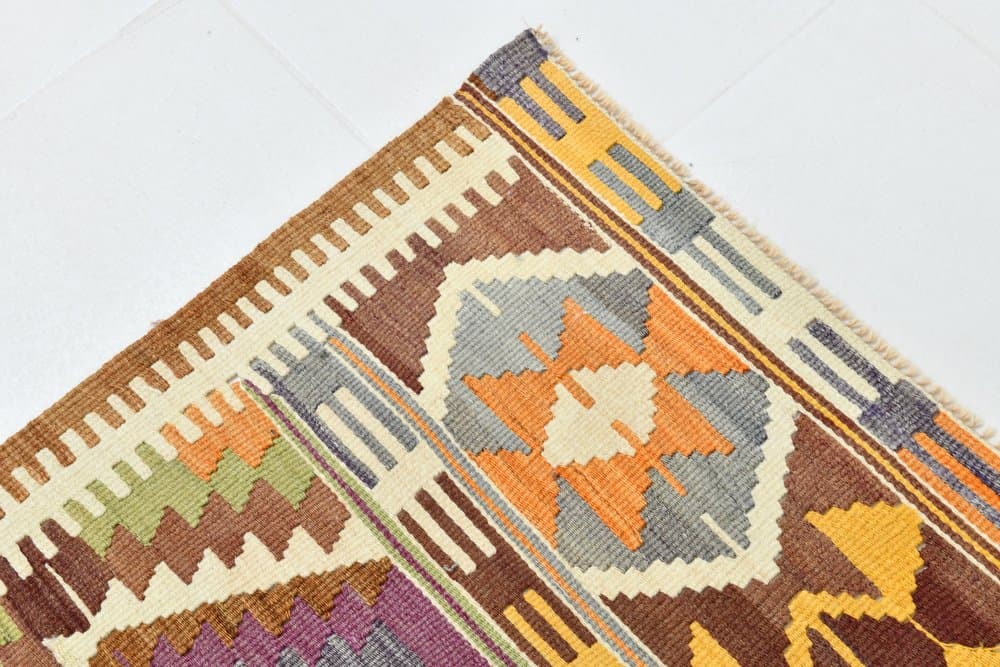 Kilim 172x293 cm, koralowy, oliwkowy, wełna, lata 70. - 211537