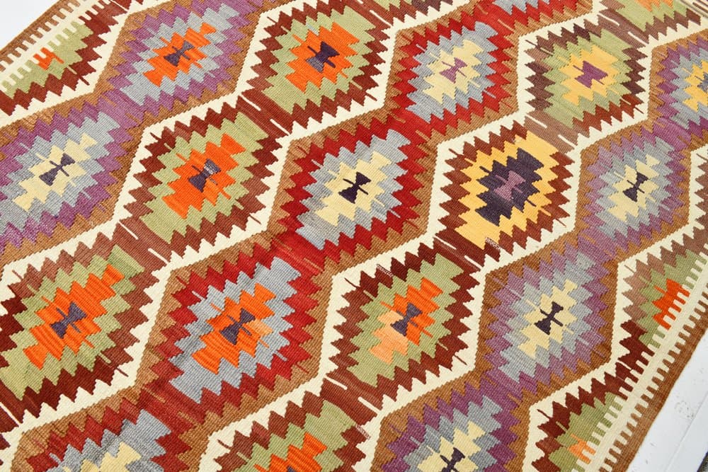 Kilim 172x293 cm, koralowy, oliwkowy, wełna, lata 70. - 211540