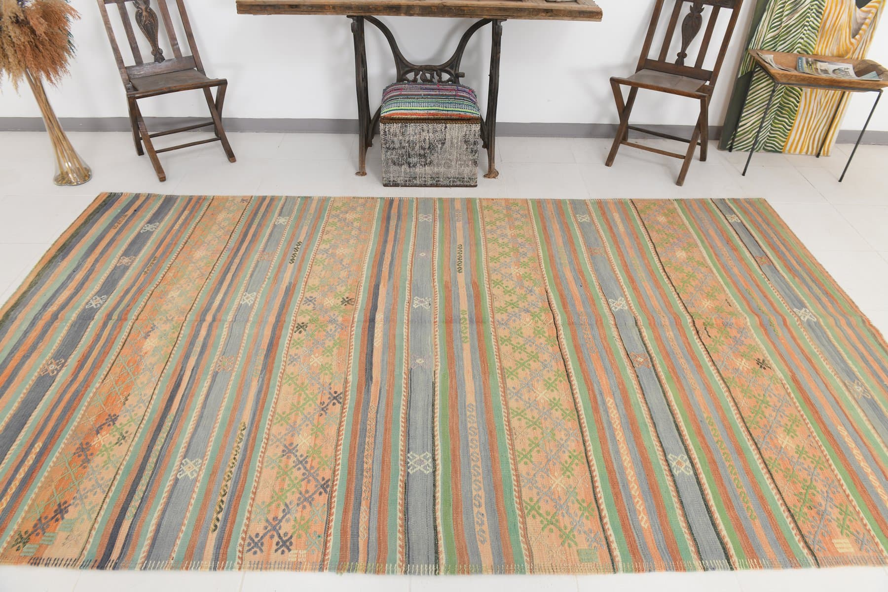 Kilim 185x326 cm, beżowy, niebieski, wełna, Turcja, lata 60. - 211501