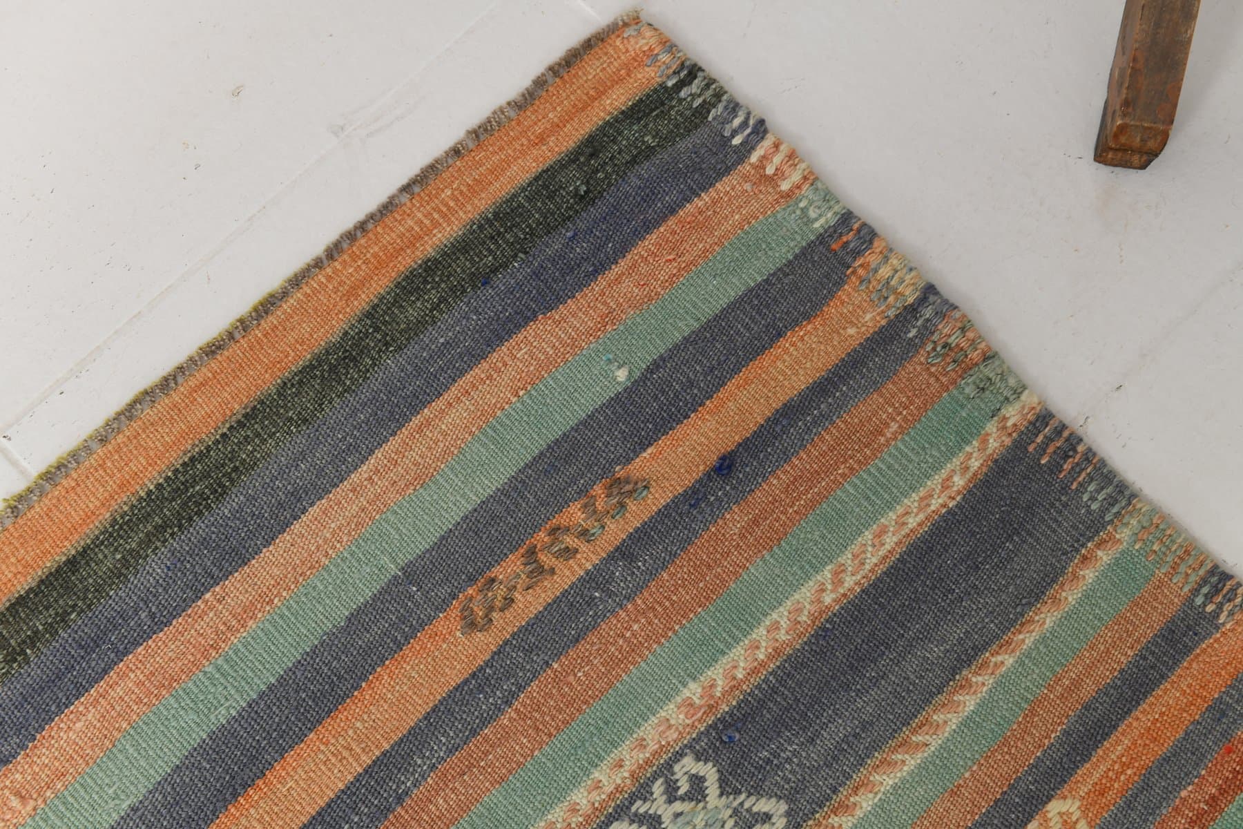 Kilim 185x326 cm, beżowy, niebieski, wełna, Turcja, lata 60. - 211509