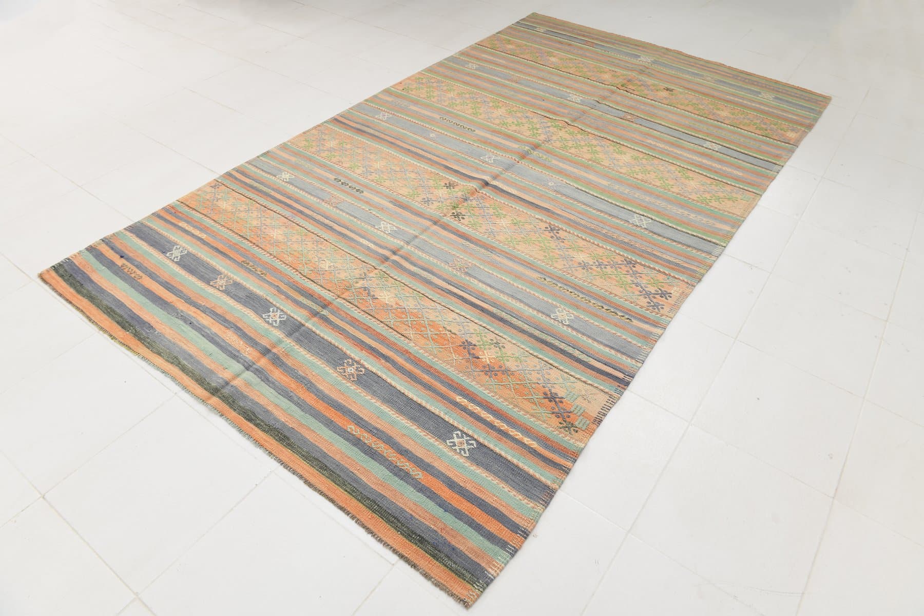 Kilim 185x326 cm, beżowy, niebieski, wełna, Turcja, lata 60. - 211503
