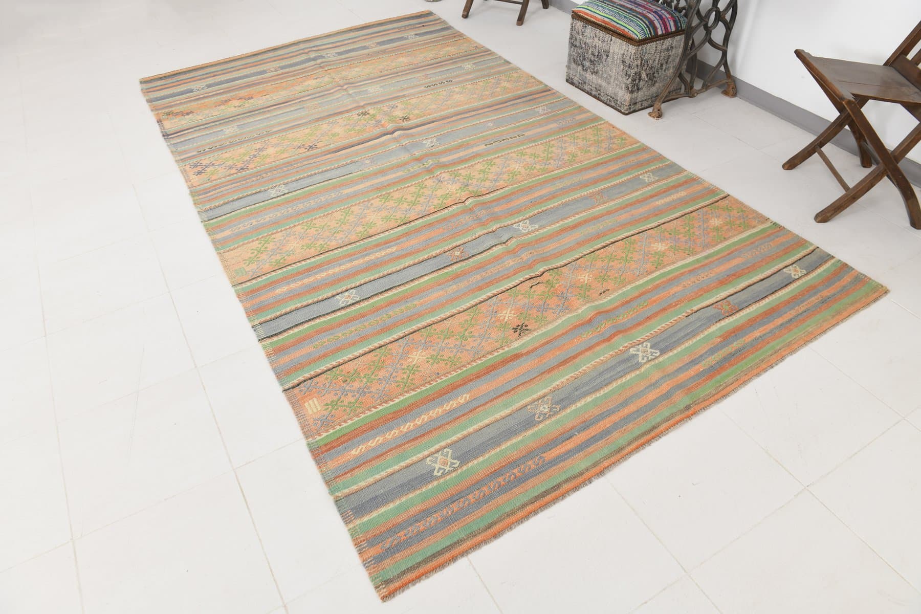 Kilim 185x326 cm, beżowy, niebieski, wełna, Turcja, lata 60. - 211504