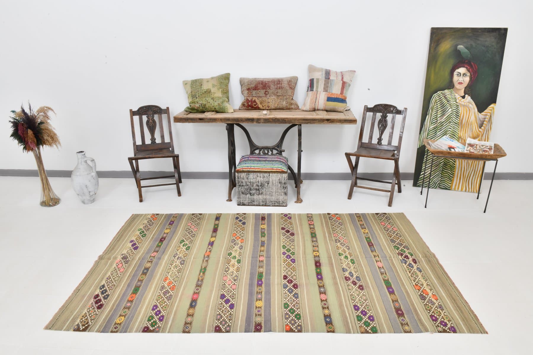 Kilim 241x139 cm, beżowy, wełna, Turcja, lata 60. - 211488