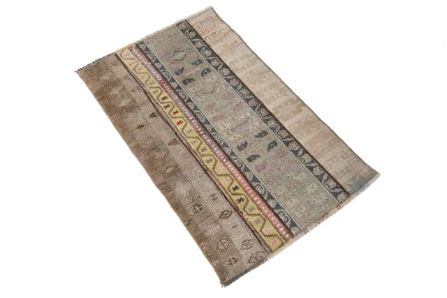 Dywan 98x61 cm, brązowy, beżowy, wełna, lata 60. - WYMIARY