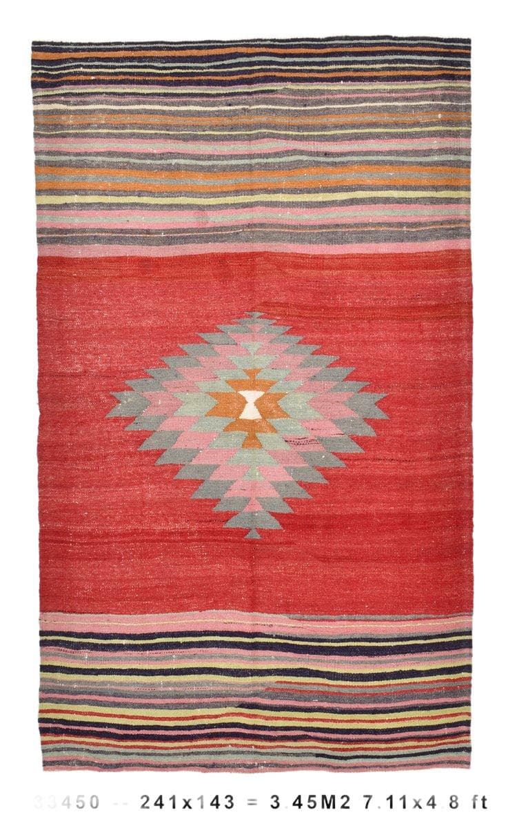 Kilim 241x143 cm, czerwony, beżowy, wełna, lata 70.
