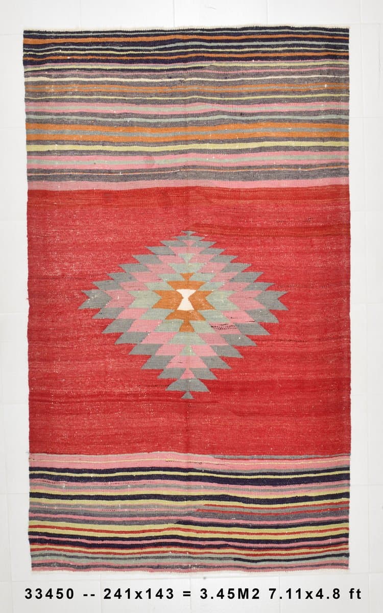 Kilim 241x143 cm, czerwony, beżowy, wełna, lata 70. - 211455
