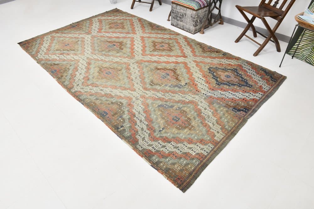 Kilim 178x310 cm, pomarańczowy, szary, wełna, lata 70. - 211430