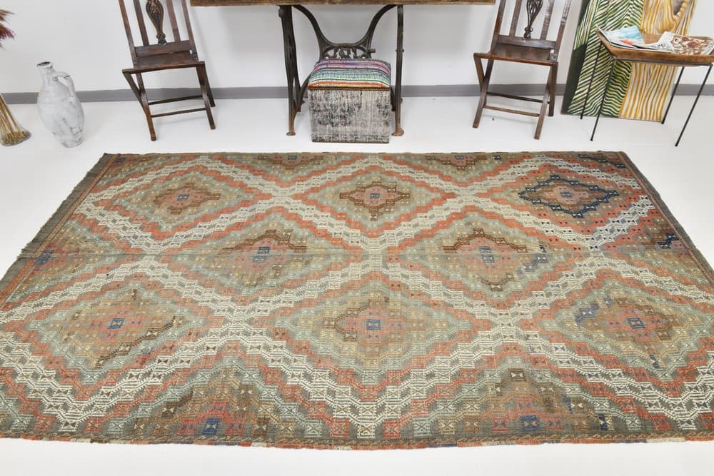 Kilim 178x310 cm, pomarańczowy, szary, wełna, lata 70. - 211432