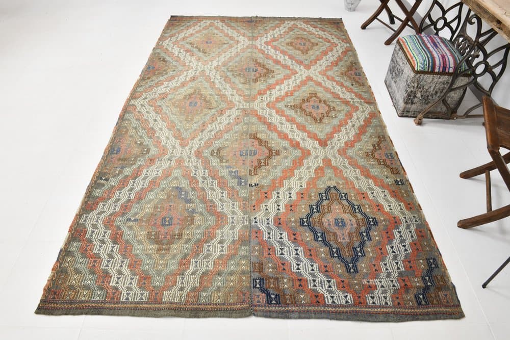 Kilim 178x310 cm, pomarańczowy, szary, wełna, lata 70. - 211431