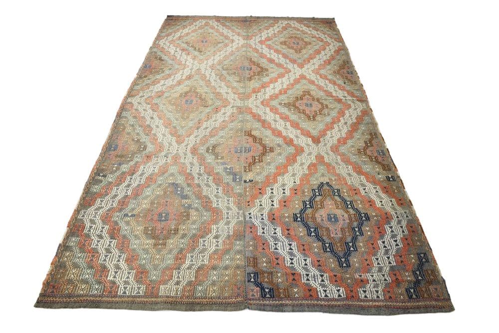 Kilim 178x310 cm, pomarańczowy, szary, wełna, lata 70.
