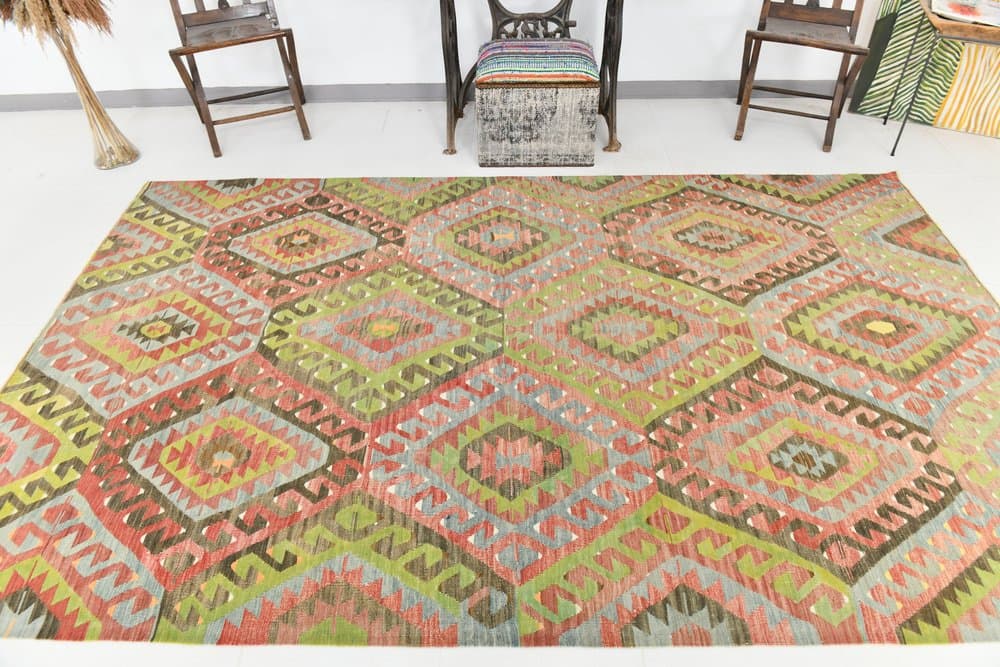 Kilim 182x300 cm, zielony, czerwony, bawełna, lata 60. - 211421
