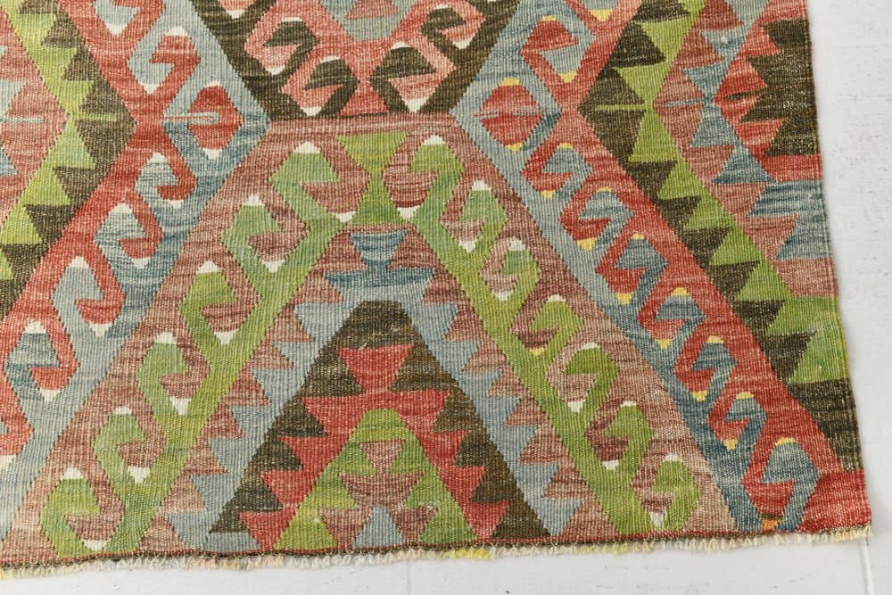 Kilim 182x300 cm, zielony, czerwony, bawełna, lata 60. - 211427