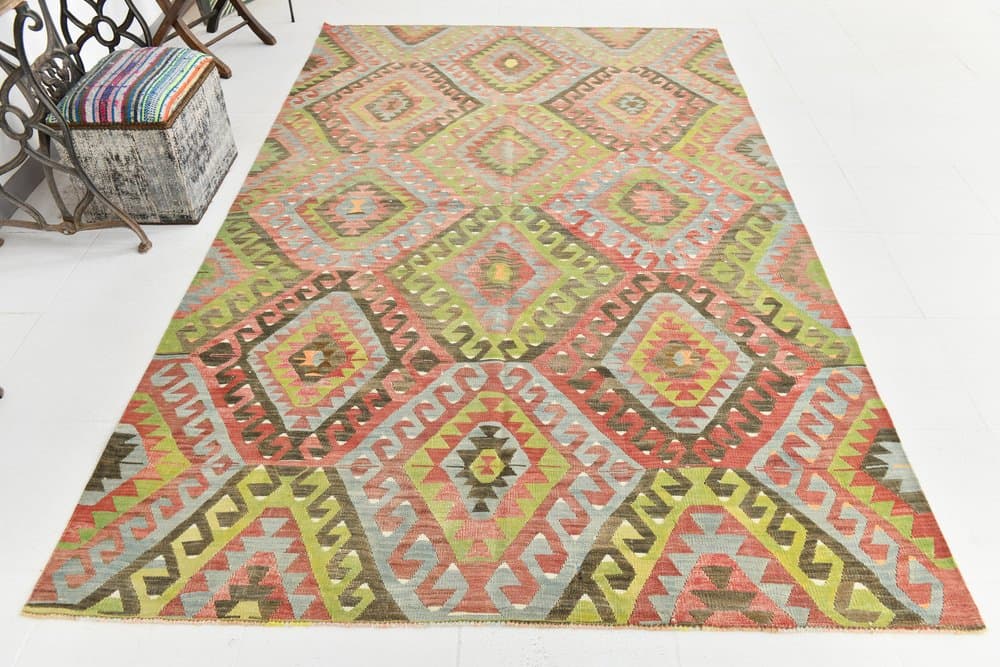 Kilim 182x300 cm, zielony, czerwony, bawełna, lata 60. - 211420