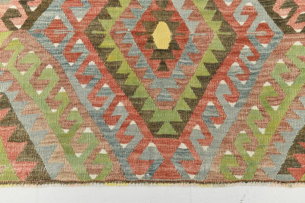 Kilim 182x300 cm, zielony, czerwony, bawełna, lata 60. - 211426