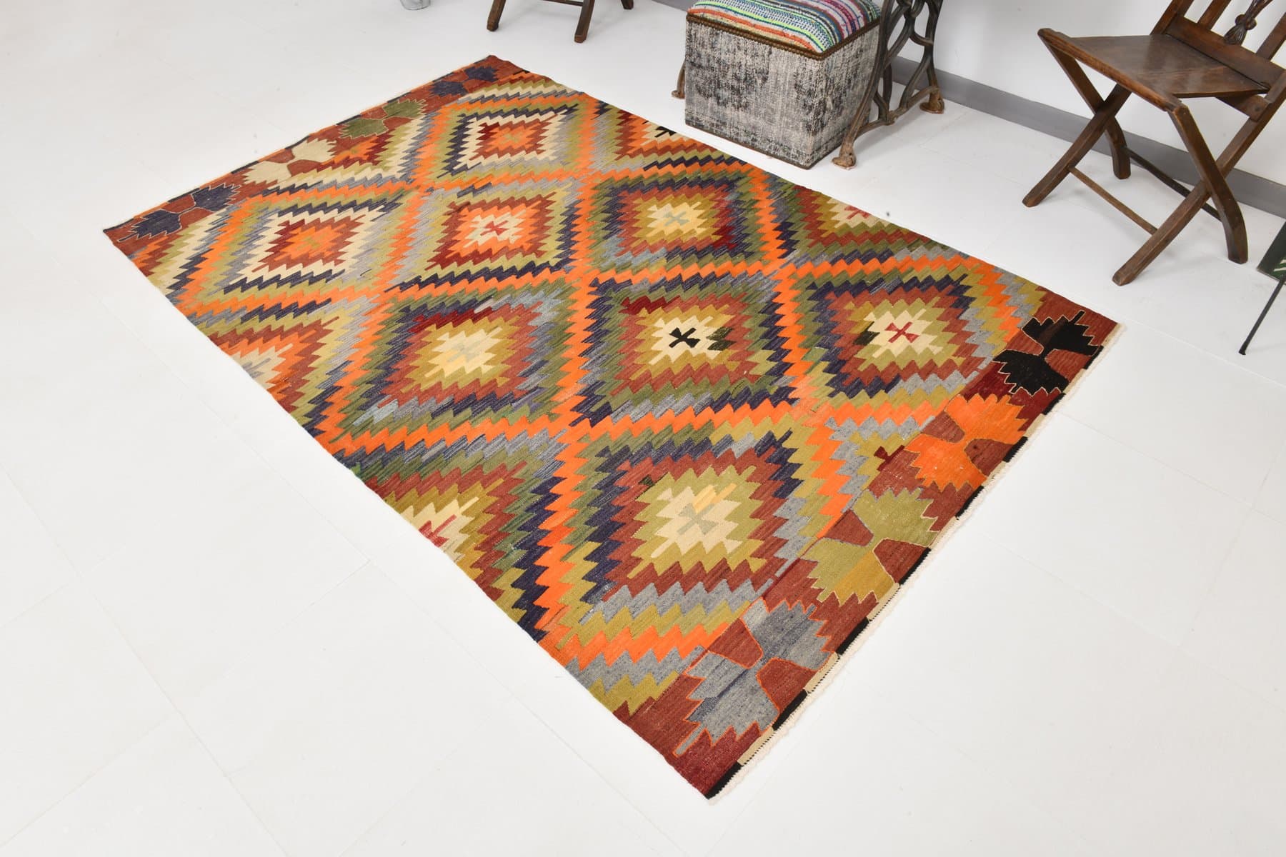 Kilim 228x146 cm, brązowy, wełna, Turcja, lata 60. - 211396