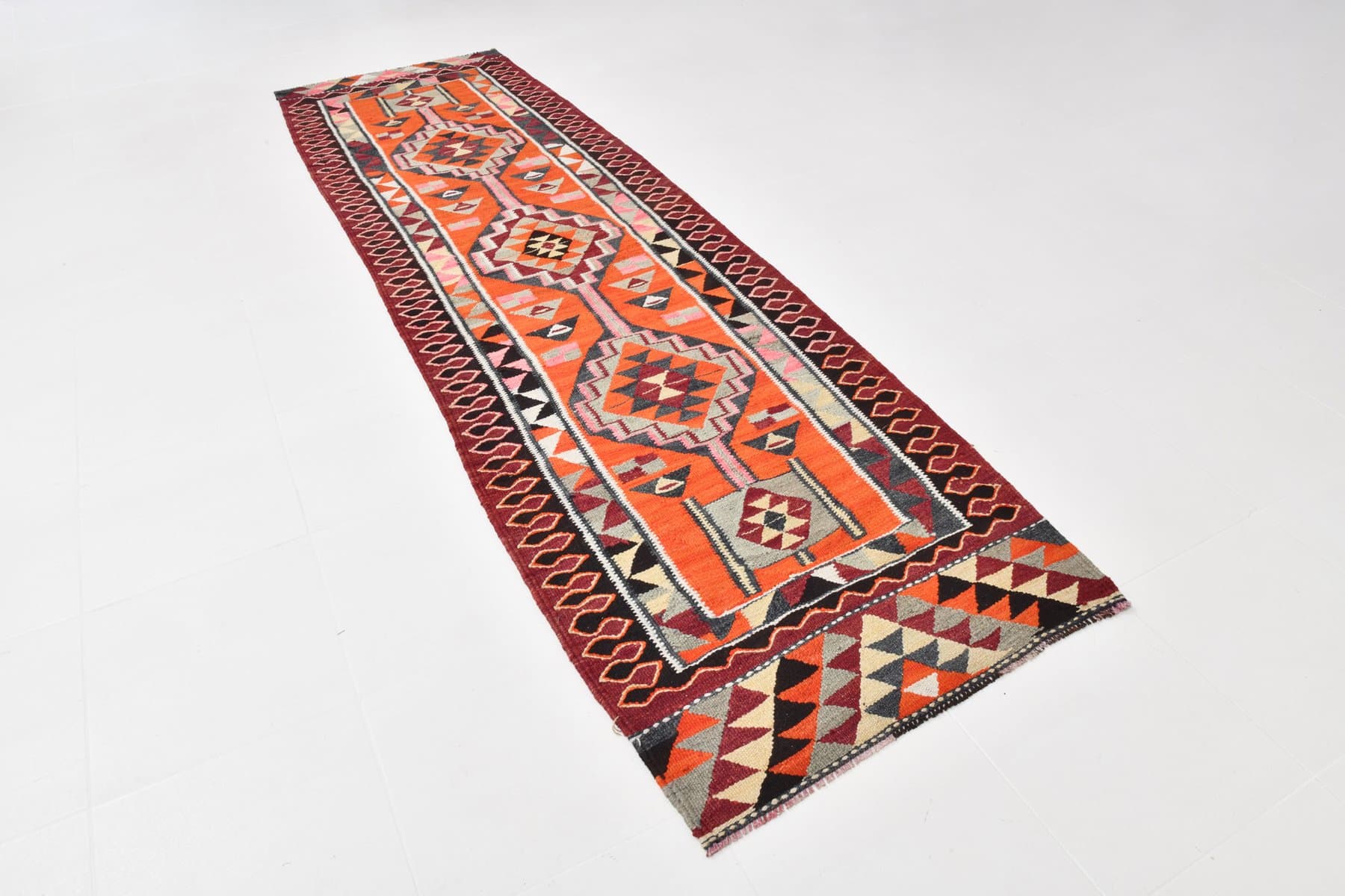 Kilim 327x94 cm, czerwony, pomarańczowy, wełna, Turcja, lata 60. - 212089