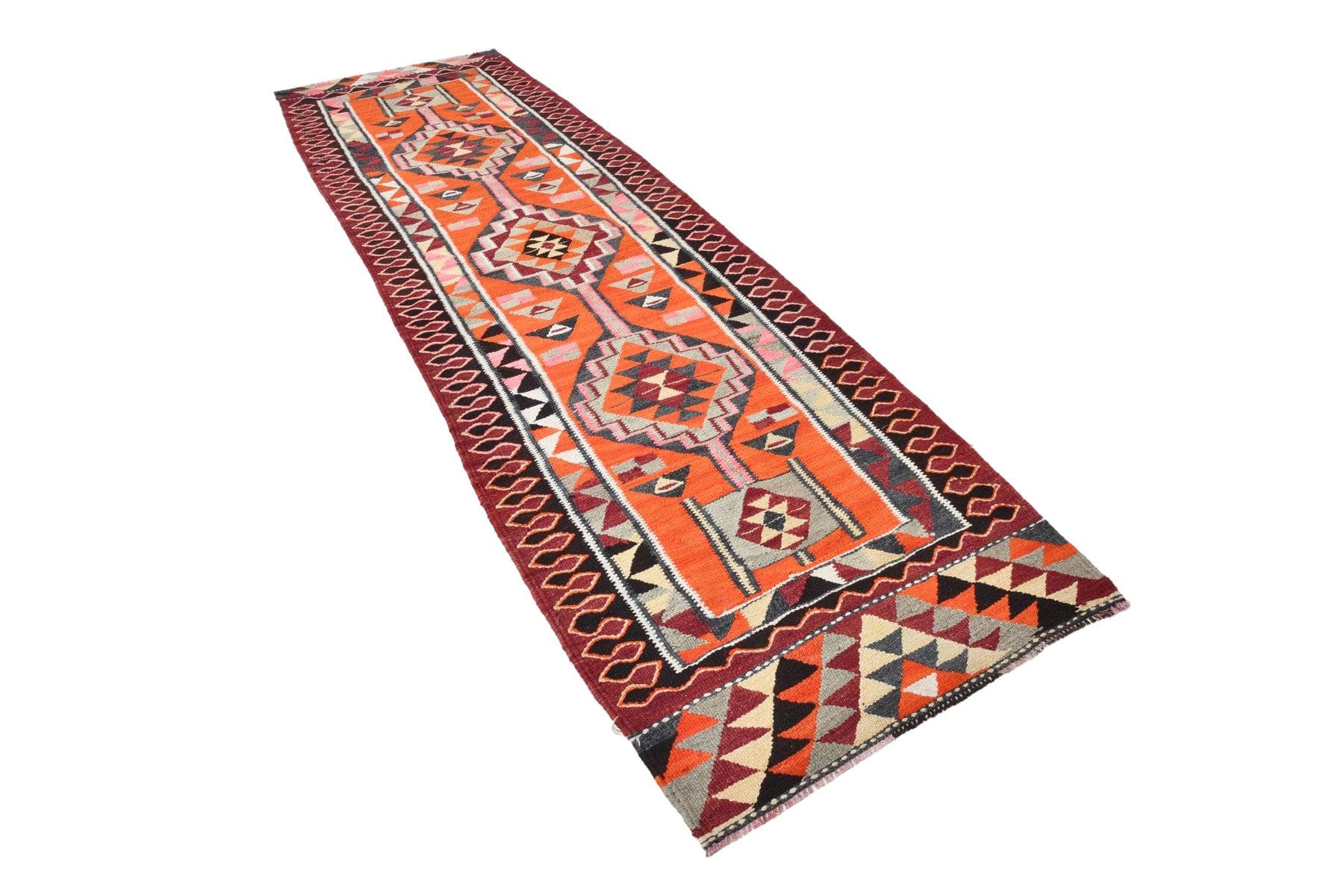 Kilim 327x94 cm, czerwony, pomarańczowy, wełna, Turcja, lata 60.