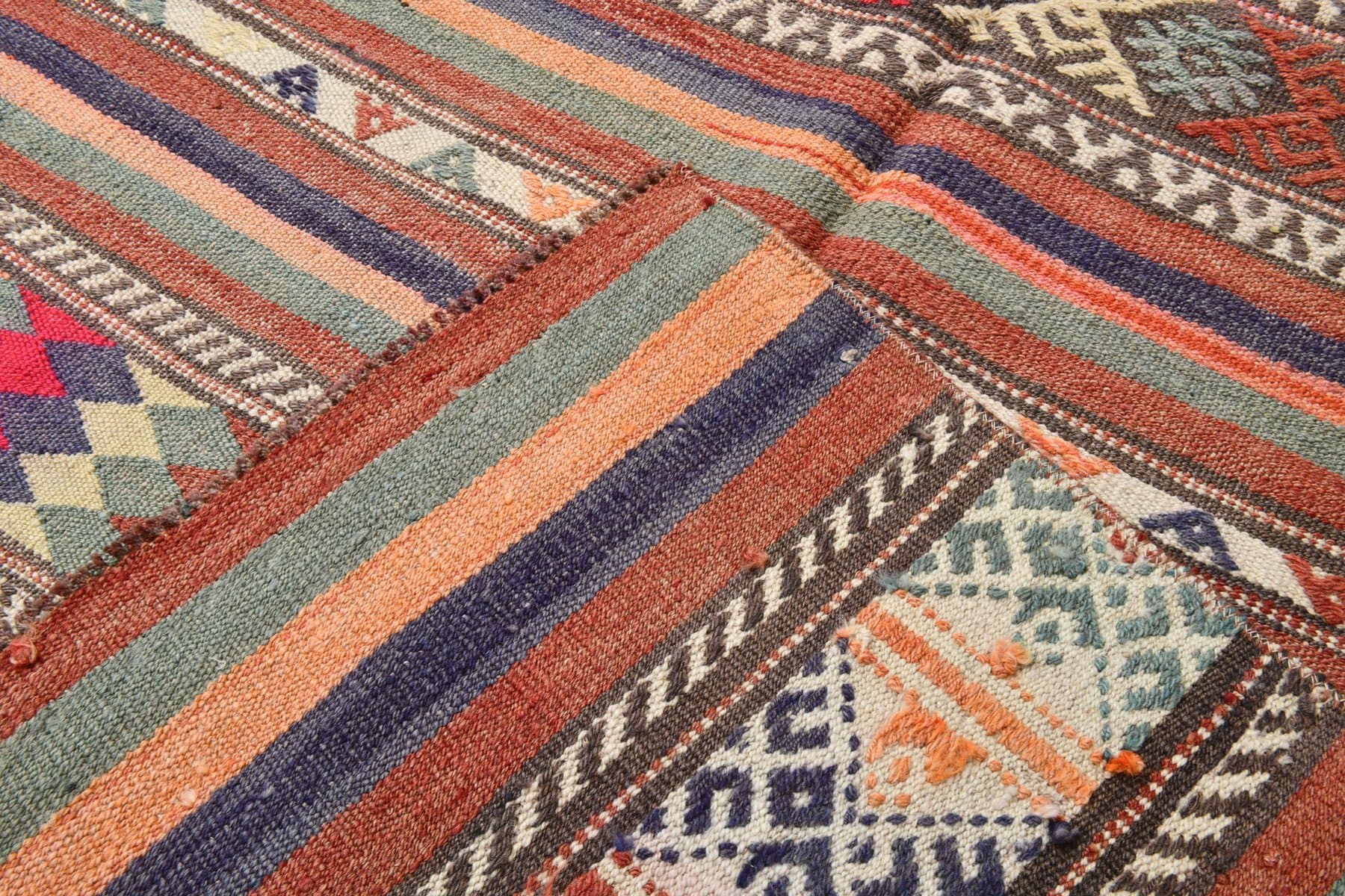 Kilim 225x142 cm, brązowy, niebieski, wełna, Turcja, lata 60. - 212045