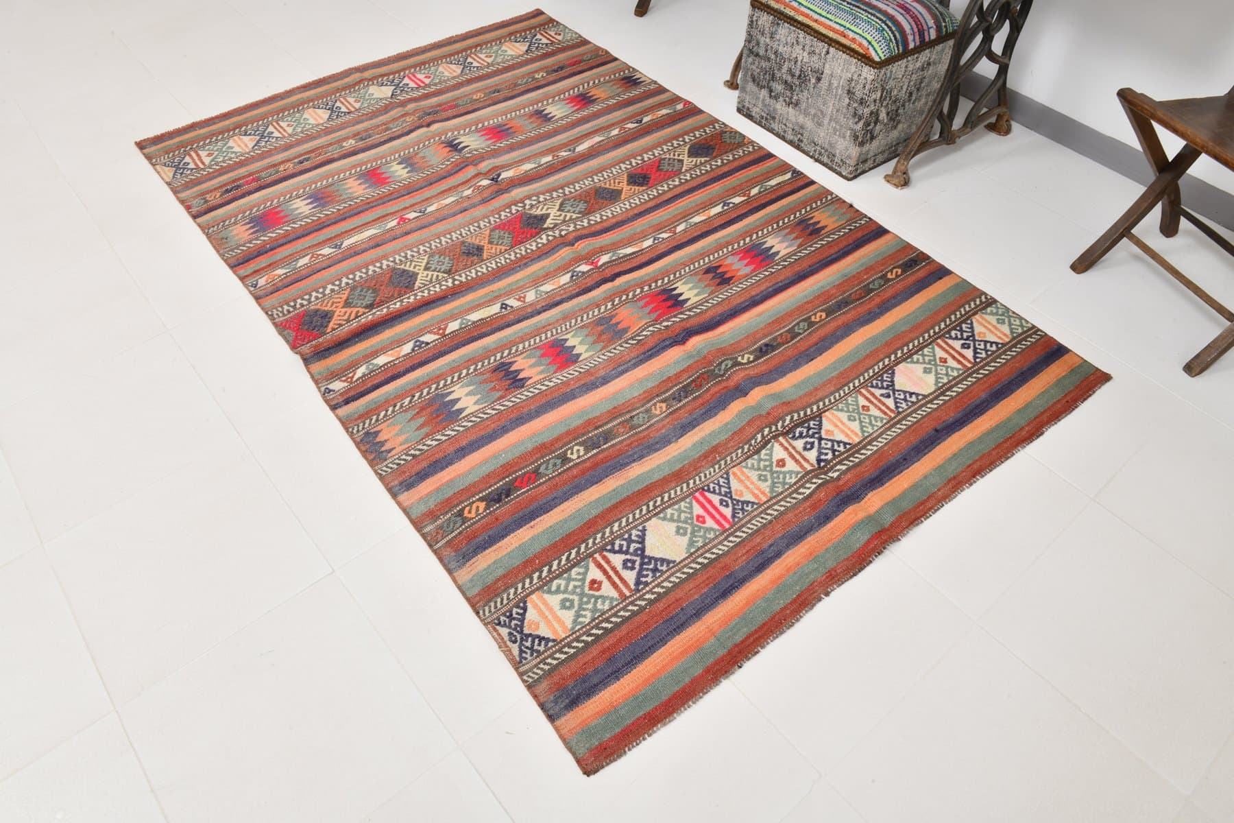 Kilim 225x142 cm, brązowy, niebieski, wełna, Turcja, lata 60. - 212037