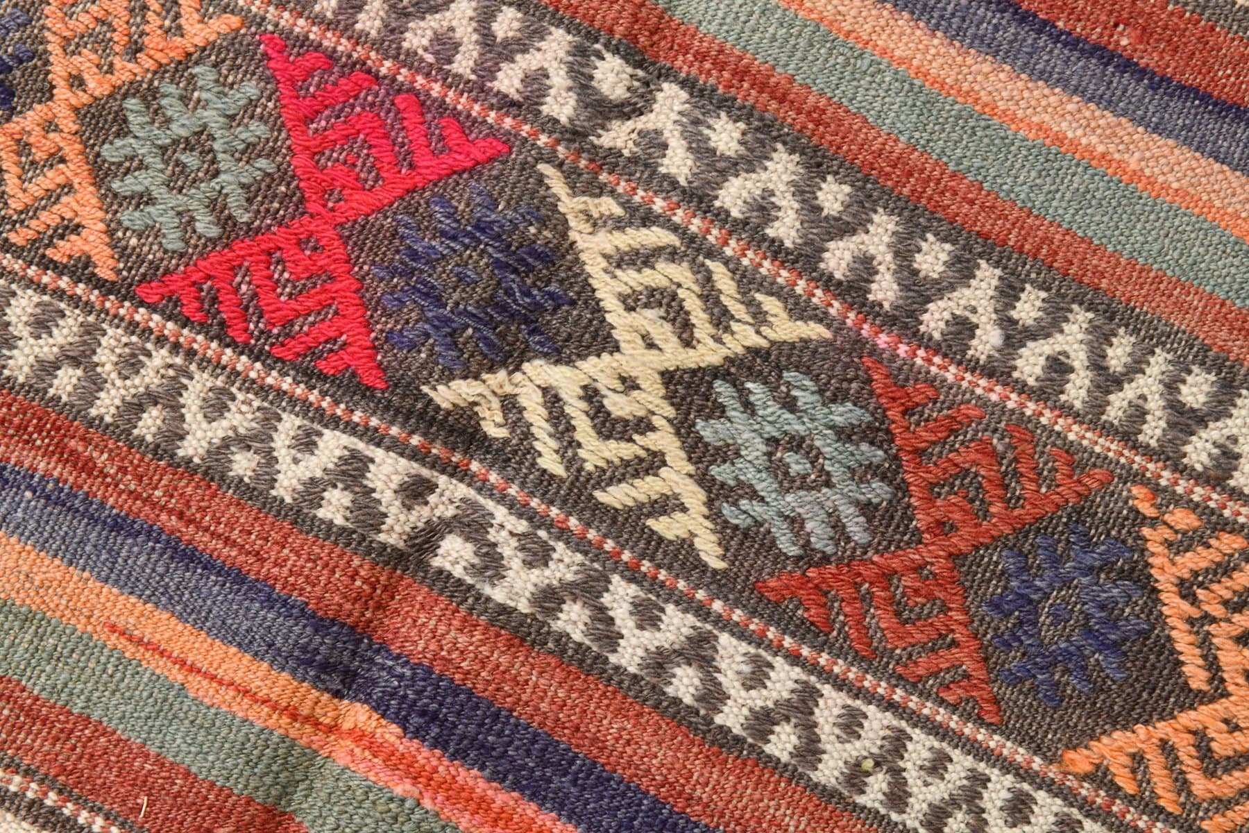 Kilim 225x142 cm, brązowy, niebieski, wełna, Turcja, lata 60. - 212041