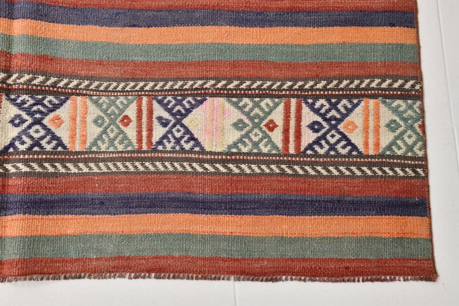 Kilim 225x142 cm, brązowy, niebieski, wełna, Turcja, lata 60. - 212044