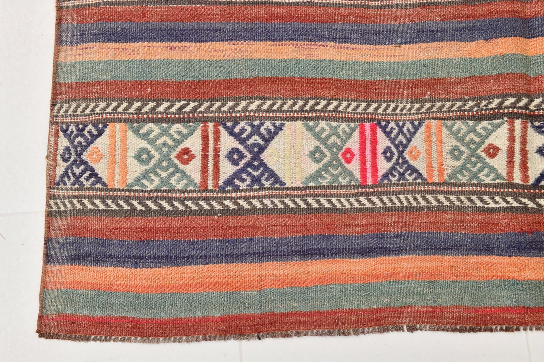 Kilim 225x142 cm, brązowy, niebieski, wełna, Turcja, lata 60. - 212043