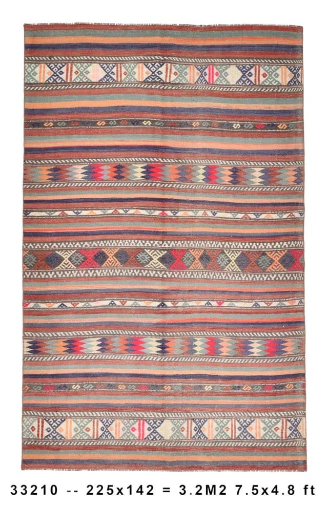 Kilim 225x142 cm, brązowy, niebieski, wełna, Turcja, lata 60. - WYMIARY