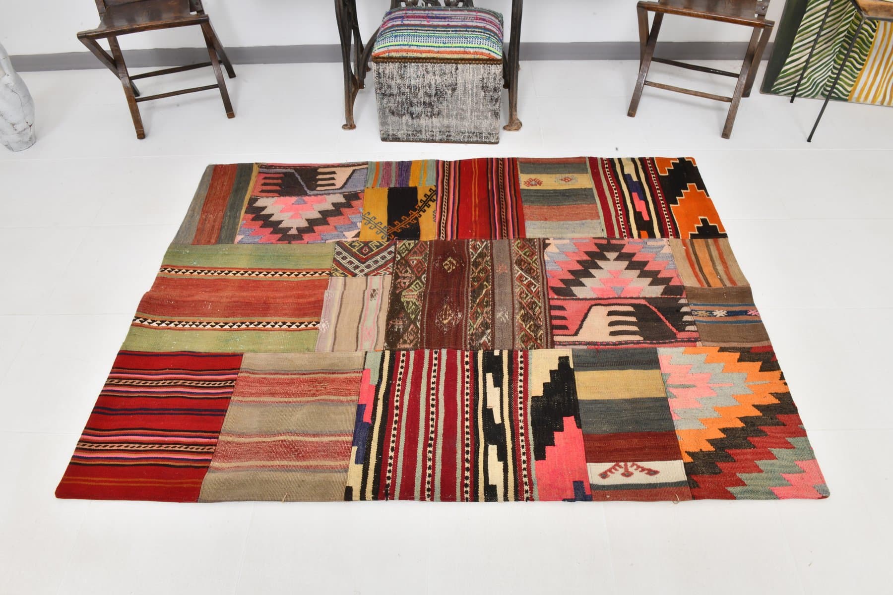 Kilim 133x183 cm, brązowy, zielony, wełna, lata 70. - 212005