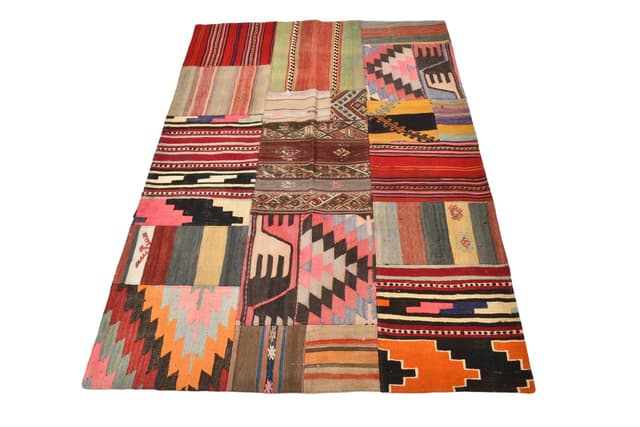 Kilim 133x183 cm, brązowy, zielony, wełna, lata 70. - WYMIARY
